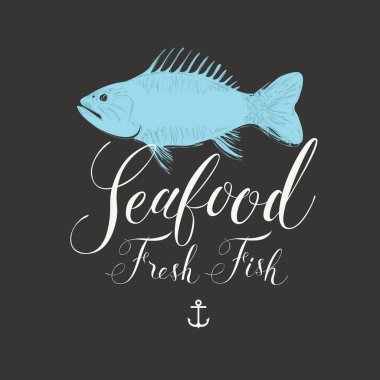 Vektör afiş ya da deniz ürünleri restoran veya dekoratif balık ve retro tarzı siyah arka plan üzerinde el yazısı yazıtlar ile alışveriş için menüsü.