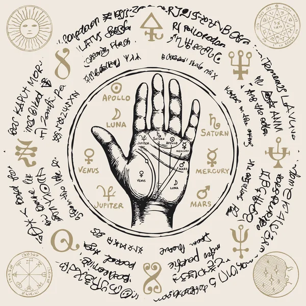 Vektorillustration Med Spåkvinna Hand Forntida Hieroglyfer Medeltida Runor Andliga Symboler — Stock vektor
