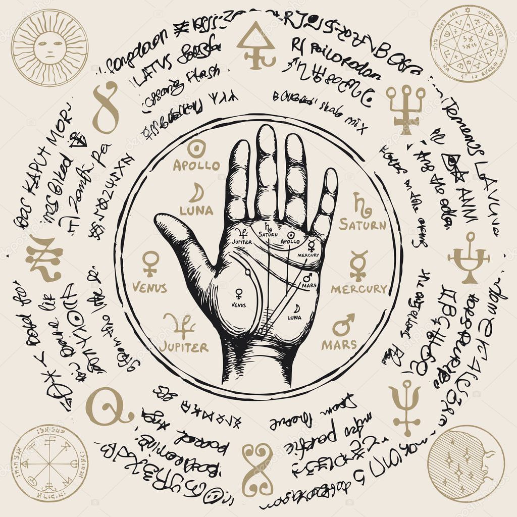 Vector illustration with chiromancy hand, ancient hieroglyphs, medieval runes, spiritual symbols. Palmistry map on open palm with signs of the planets. Divination and prediction of the future