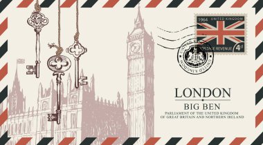 Vektör kartpostal veya zarf ile Londra, eski anahtarları ve yazıtlar Big Ben. Amerika Birleşik Devletleri bayrağı ile Kraliyet arması ve posta pulu formunda posta damgası ile Retro kartpostal