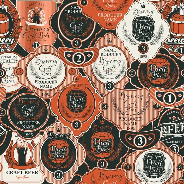 Vector seamless pattern on the theme of beer with various beer labels with images of wooden barrels, ears of barley, beer glasses, mills and other in retro style