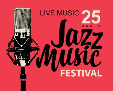 Vektör müzik poster veya afiş kaligrafi yazıt caz müzik ile ve retro tarzı kırmızı arka planda üzerinde gerçekçi mikrofon