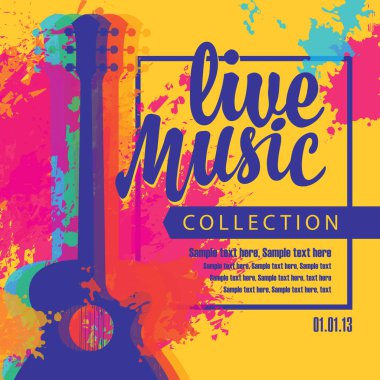 Vektör poster ile çok renkli akustik gitar, parlak soyut noktalar, yazıt canlı müzik ve sarı bir arka plan üzerinde metin için yer