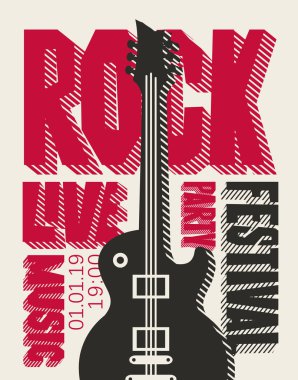 Vektör posteri veya başlığı Rock Festivali veya parti bir elektro gitar ile canlı müzik için. El ilanı, afiş, davetiye, broşür ve kapakları için şablon