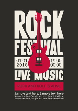 Vektör posteri veya başlığı bir elektro gitar ve arka arka plan üzerinde metin için yer ile canlı müzik Rock Festivali için. Rock and roll yaşıyor.