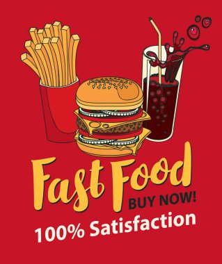 Hamburger, patates kızartması ve kola retro tarzı fast food için vektör banner. Pop art illüstrasyon rde arka plan üzerinde el yazısı yazıt ile. Fast food, sağlıklı ve sağlıksız gıda