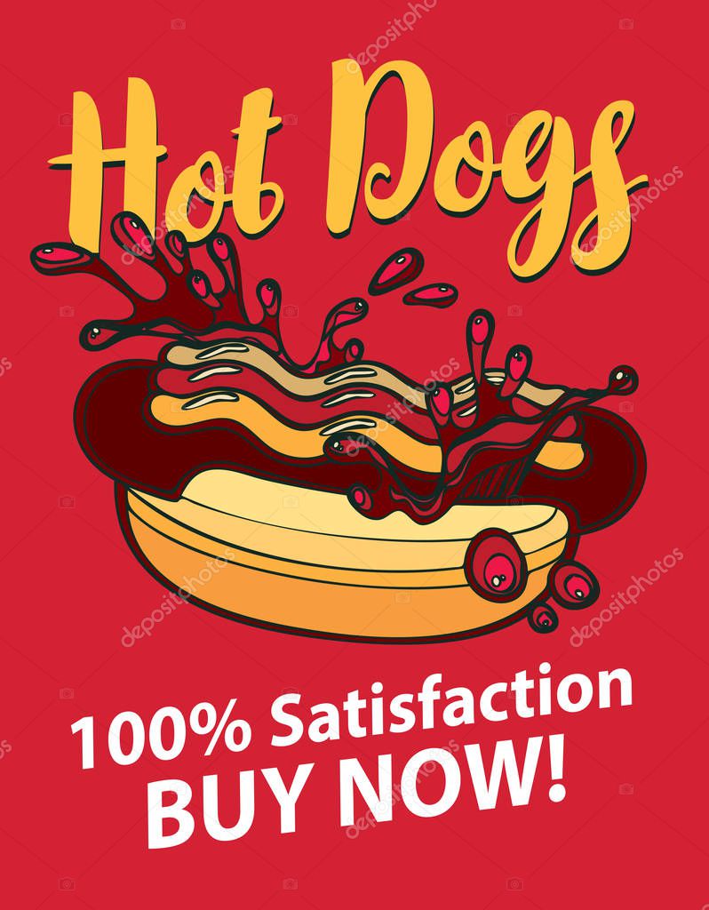 Vector banner with hot dog and handwritten inscription in retro style. Fast food, healthy and unhealthy food, pop art illustration on a red background