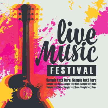 Akustik gitar, yazıt canlı müzik Festivali ve arka plan parlak soyut noktalar üzerinde metin için yer ile vektör poster