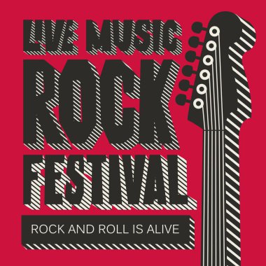 Vektör posteri veya başlığı elektro gitar kırmızı zemin üzerine bir boyun ile canlı müzik Rock Festivali için. Rock and roll yaşıyor. El ilanı, afiş, davetiye, broşür ve kapakları için şablon