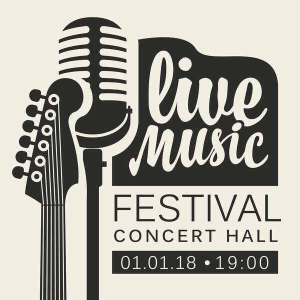 Vector poster for live music festival or concert with neck of acoustic guitar and microphone in retro style