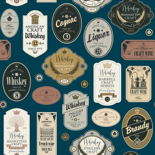 Безшовний візерунок з етикетками для алкогольних напоїв — стоковий вектор