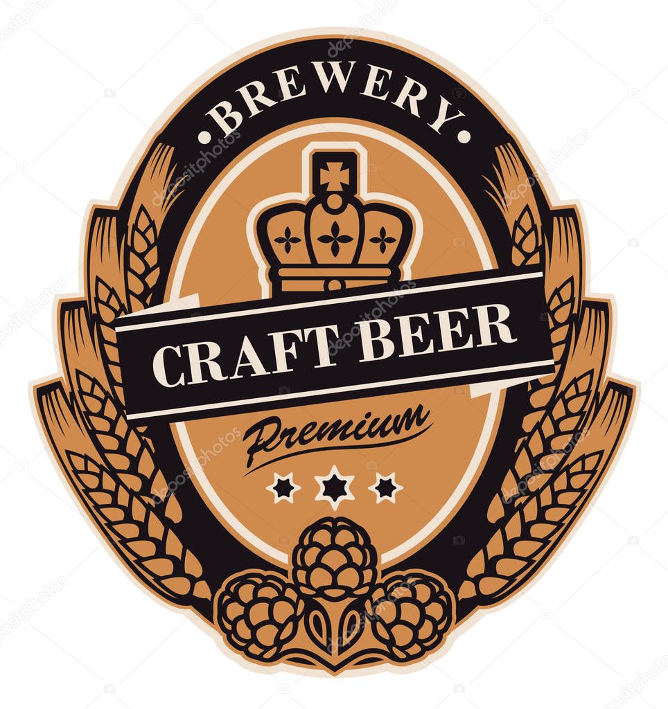 Template beer label with wheat or barley ears, hops and crown in oval frame. Vector label or banner for craft beer in retro style in form of coat of arms