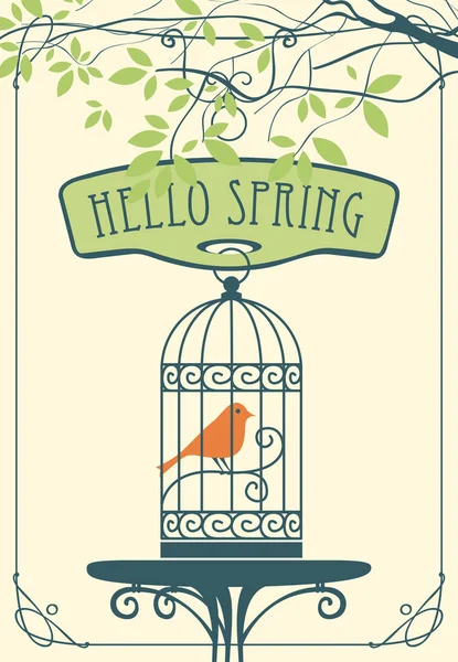 Banner de primavera con pájaro en jaula bajo árbol verde — Vector de stock