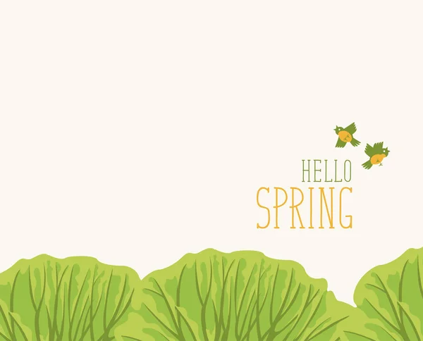 Banner de primavera con pájaro en jaula bajo árbol verde — Vector de stock