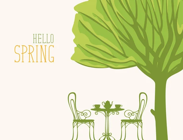 Paisaje primaveral con mesa para dos bajo árbol — Vector de stock