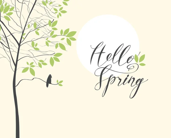 Banner de primavera con pájaro en el árbol verde joven — Vector de stock