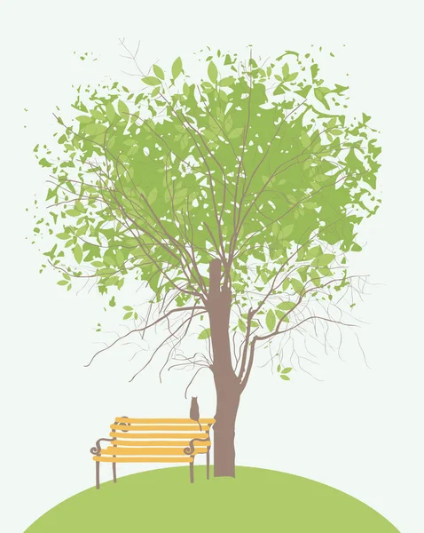 Banner de primavera con árbol verde, banco y gato — Vector de stock