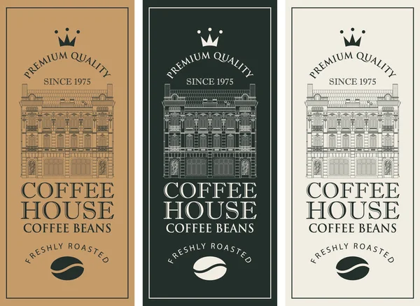 Etiquetas de café com construção antiga e grão de café — Vetor de Stock