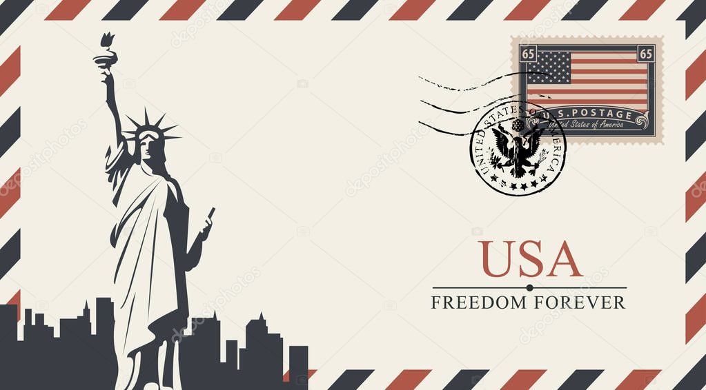 Vector postcard or envelope with New York Statue of Liberty and inscriptions. Postcard with postmark in form of coat of arms and postage stamp with flag of United States of America