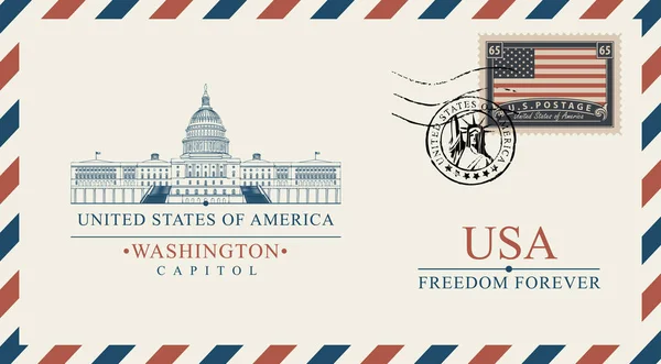 Sobre con el Capitolio de Washington y bandera americana — Vector de stock