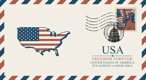 Enveloppe avec carte de l'Amérique aux couleurs du drapeau — Image vectorielle