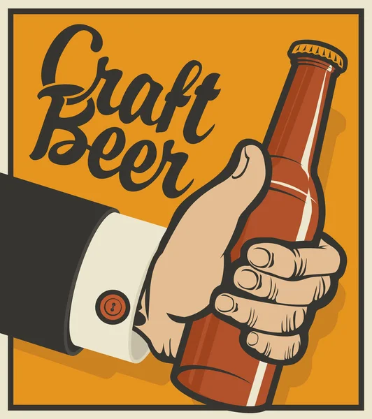 Banner de cerveja com a mão de um homem com uma garrafa — Vetor de Stock