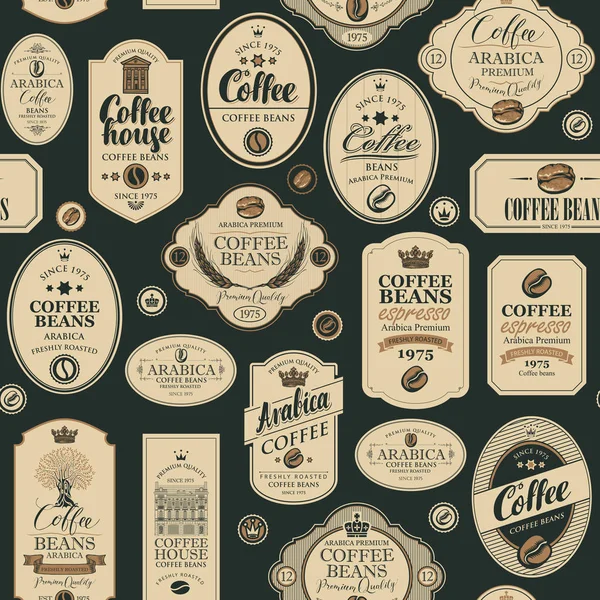 Modèle sans couture vectoriel avec diverses étiquettes de café — Image vectorielle