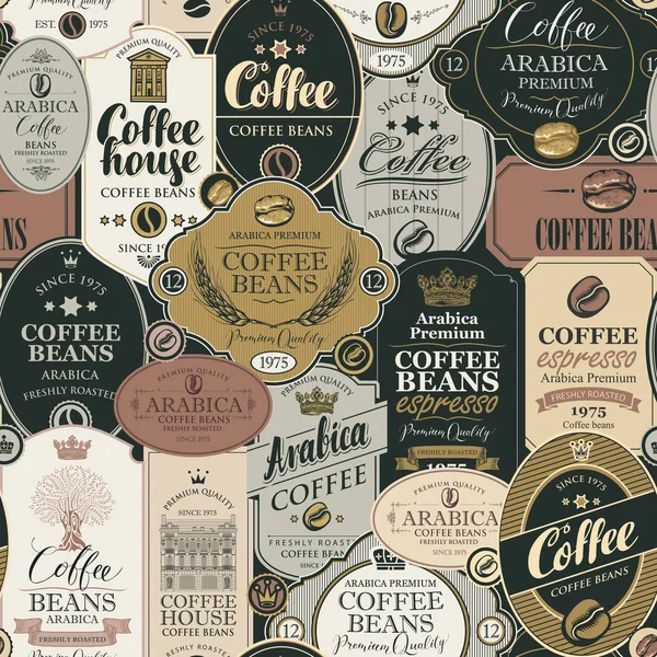 Modèle sans couture vectoriel avec diverses étiquettes de café — Image vectorielle