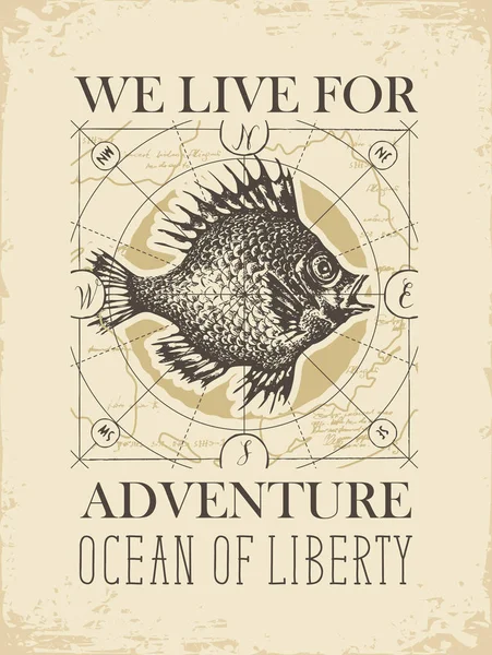 Banner de viaje retro con peces grandes y mapa viejo — Vector de stock
