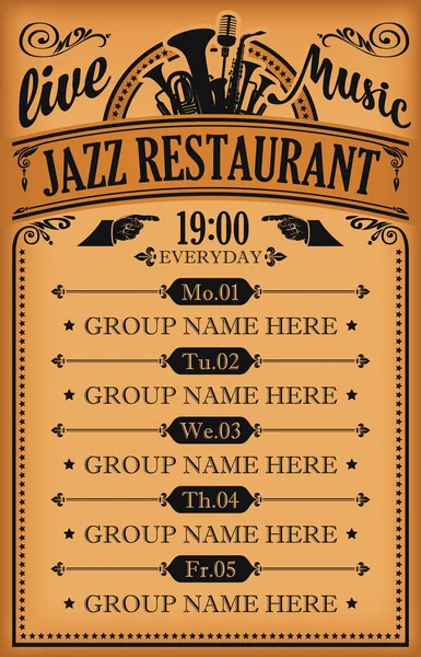 Cartel del vector de jazz restaurante con música en vivo — Vector de stock