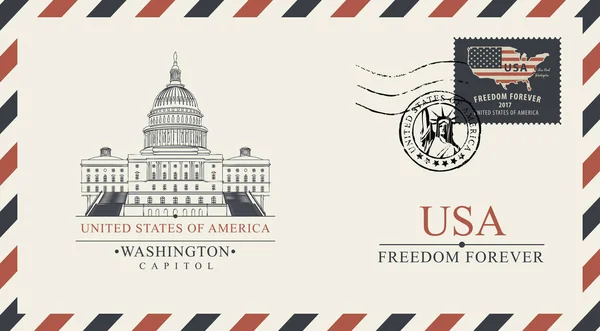 Envelope com Washington Capitol e bandeira americana —  Vetores de Stock