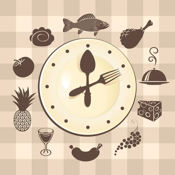 Mat banner med klockan och olika rätter — Stock vektor