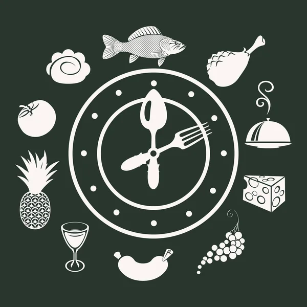 Banner de comida com relógio e pratos diferentes —  Vetores de Stock