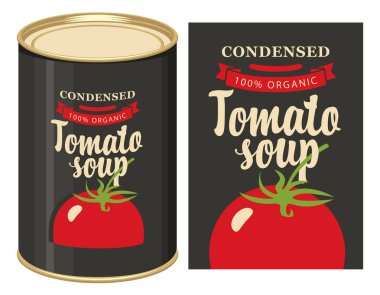 domates çorbası ve etiket ile teneke kutu çizimi