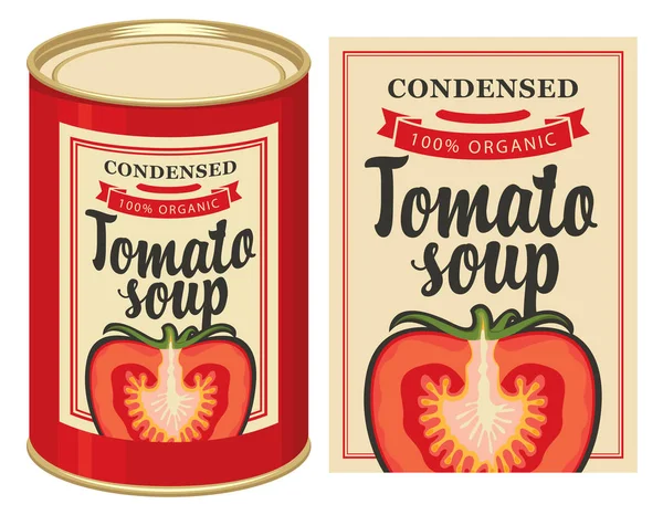 Illustratie met blikje van tomatensoep en label — Stockvector