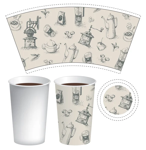 Papper kopp för varm dryck med kaffe-tema doodles — Stock vektor