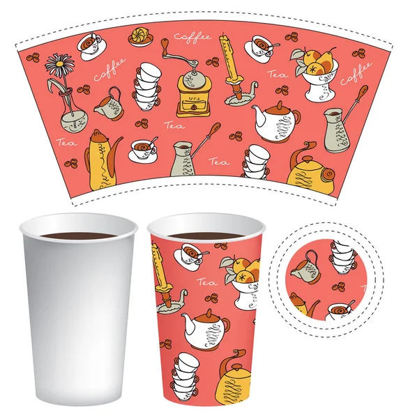 Papper kopp för varm dryck med kaffe-tema doodles — Stock vektor