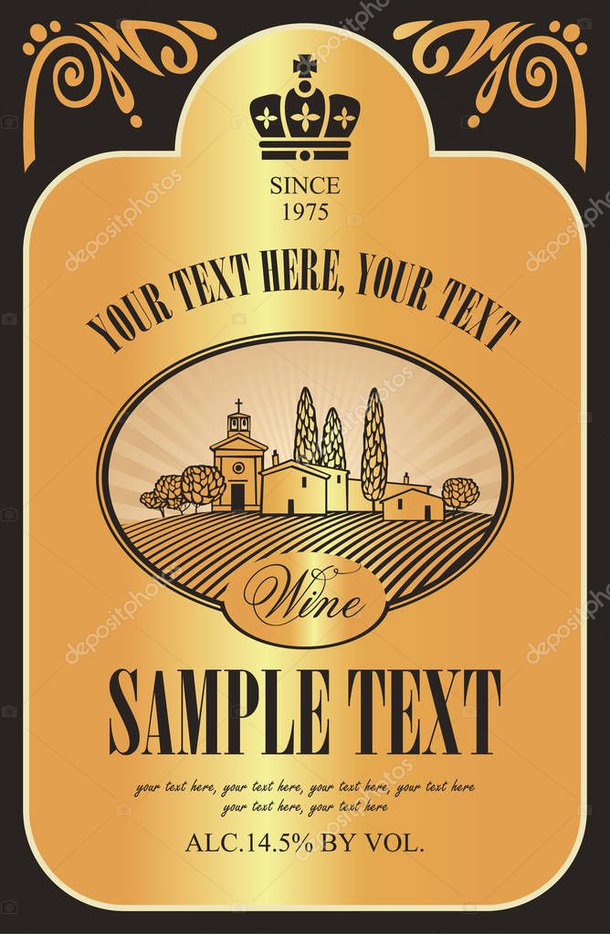 Vector wine label with european rural landscape of vineyards and Italian village in retro style with a inscriptions and place for text in figured frame