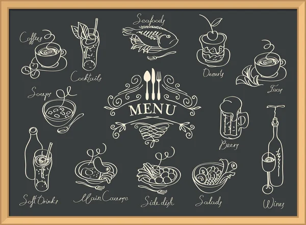 Menu de restaurante com esboços de diferentes pratos — Vetor de Stock