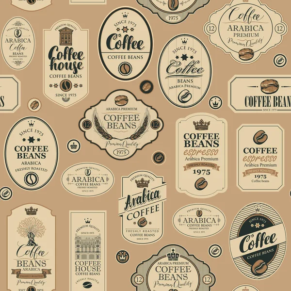 Vector seamless pattern with various coffee labels — Stock Vector