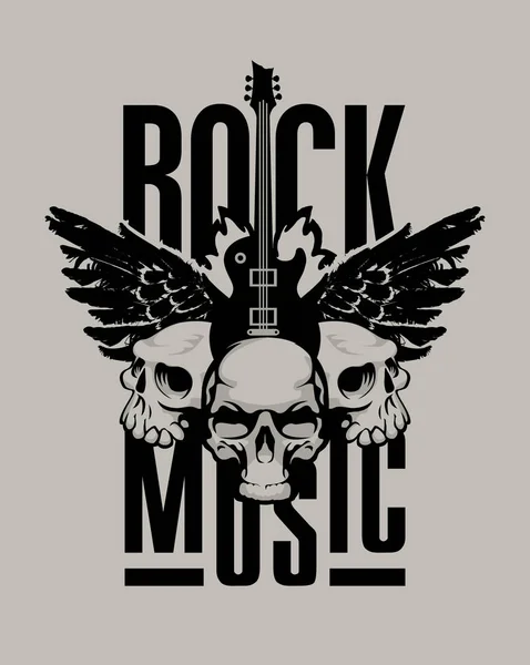 Плакат для рок-музыки с гитарой, крыльями и черепом — стоковый вектор