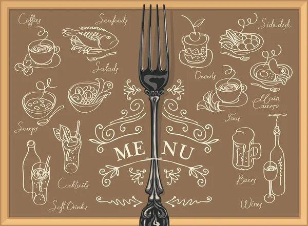 Menú del restaurante con bocetos de diferentes platos — Vector de stock