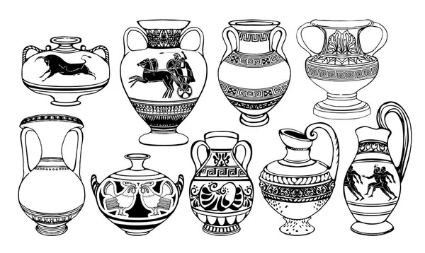 Conjunto de ánforas griegas antiguas con decoraciones — Vector de stock