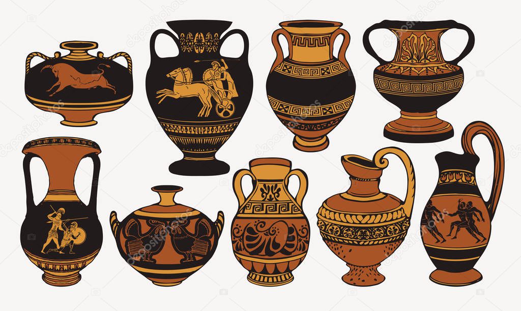 Set of antique Greek amphorae with decorations