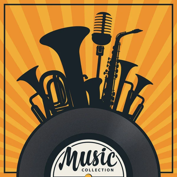 De banner van de muziek met vinylverslag en windinstrument — Stockvector