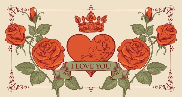 Biglietto di auguri vintage con cuore rosso e rose — Vettoriale Stock