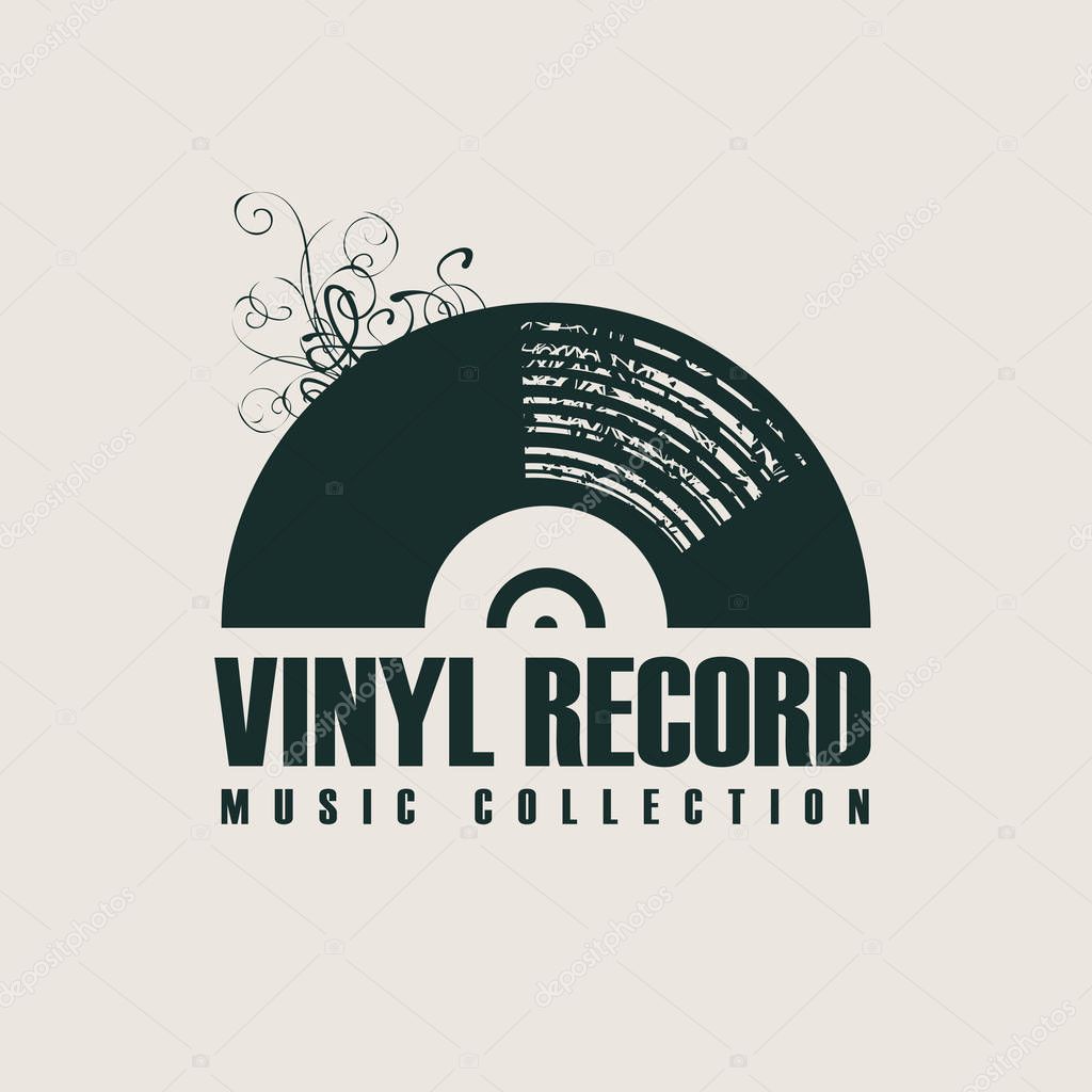 Vector music icon or logo with black vinyl record in retro style with words Vinyl record, Music collection on a light background