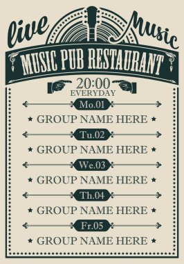 poster for music pub restaurant with live music clipart