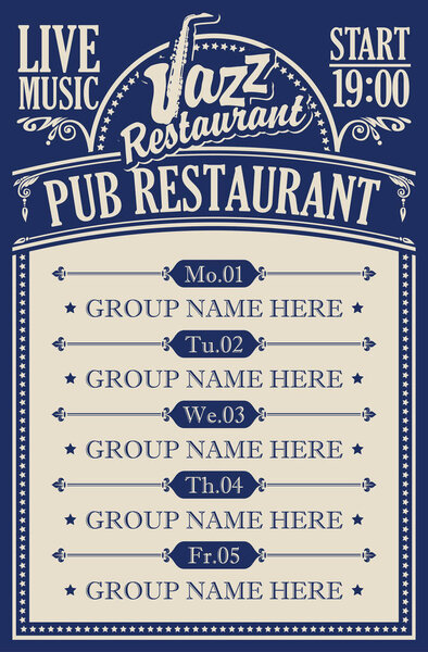 постер для ресторана паба с живой джазовой музыкой
