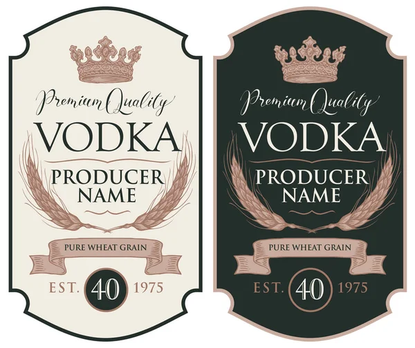 Etiquetas para vodka con espigas de trigo y corona — Vector de stock